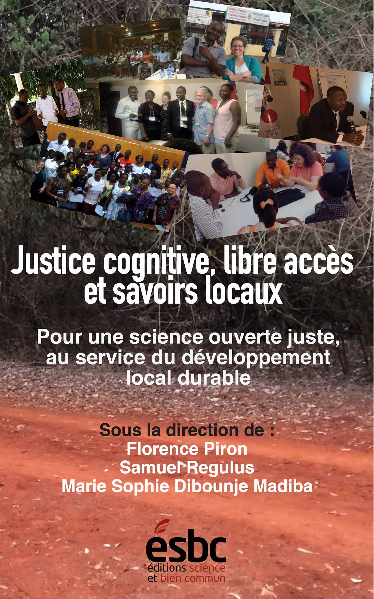 Affiche sur fond de photos de gens en Afrique lors d'ateliers, etc. Édition Science et bien commun (ESBC).